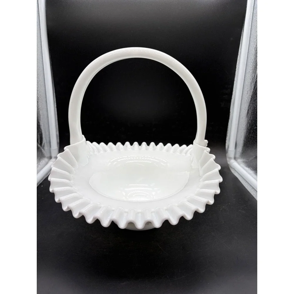 Vintage Fenton White Milk Glass Hobnail Ruffled Basket with Handle 10 Inch